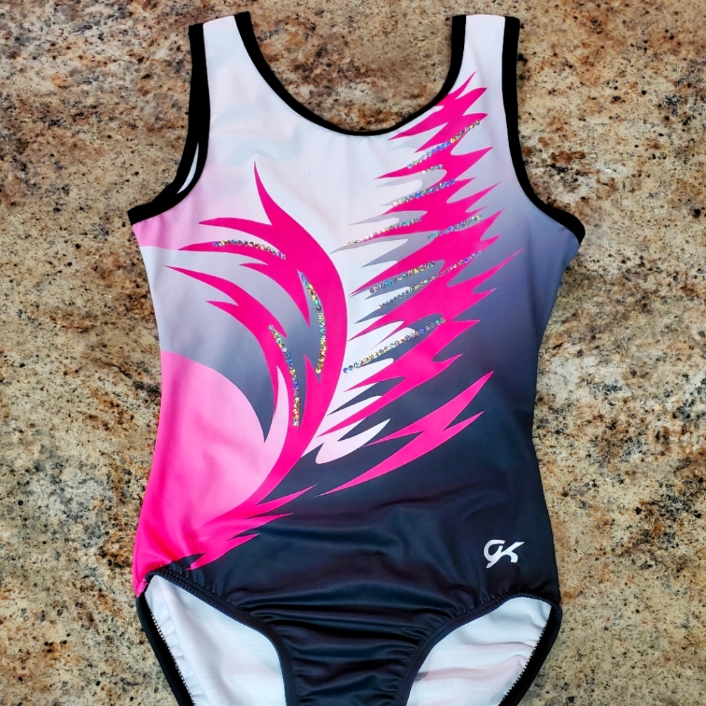 COMPETITION GK Elite Small AS Gymnastics Dance Leotard Black Pink White SEQUINS